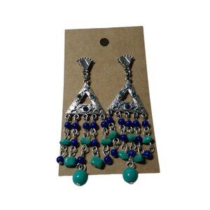 Bohemian Pierced Earrings Chandelier Blue Silver Tone Boho Southwest Style 3.4"